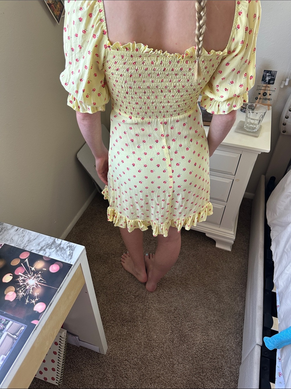 Faithfull the Brand Lemon Yellow Red Floral Smocked Mini Dress - Picture 2 of 6